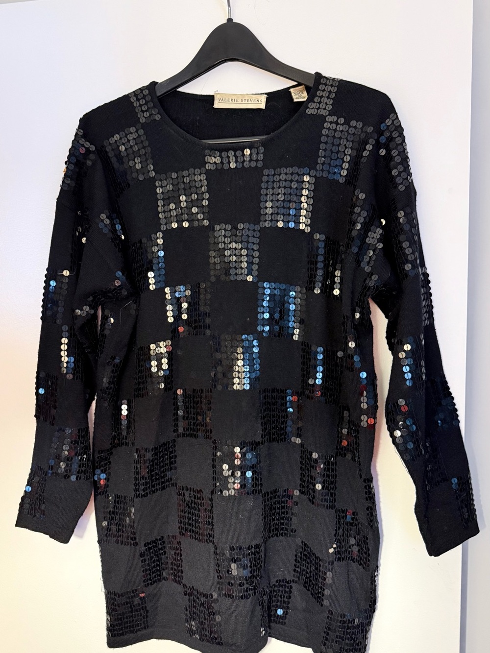 Valerie Stevens Black Sequin Check Crewneck Sweater